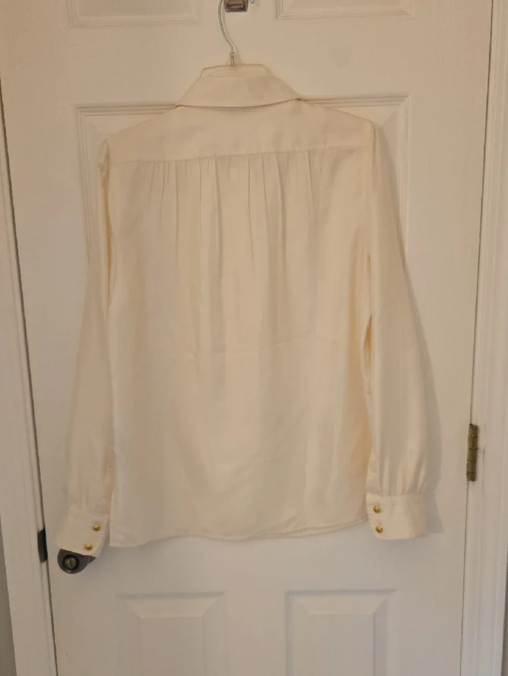 Tory Burch Ivory Silk Long-Sleeve Button Placket Shirt with Gold Buttons